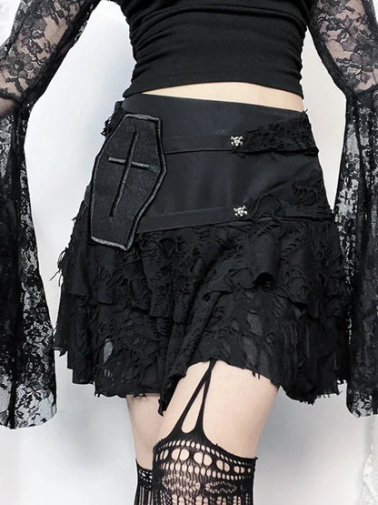 Gothic Style Lace Cake for Summer With Versatile Ripped Hole Fabric Skirt