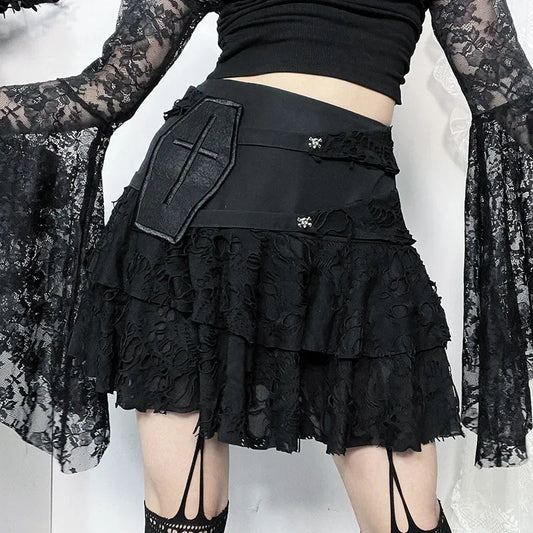 Gothic Style Lace Cake for Summer With Versatile Ripped Hole Fabric Skirt