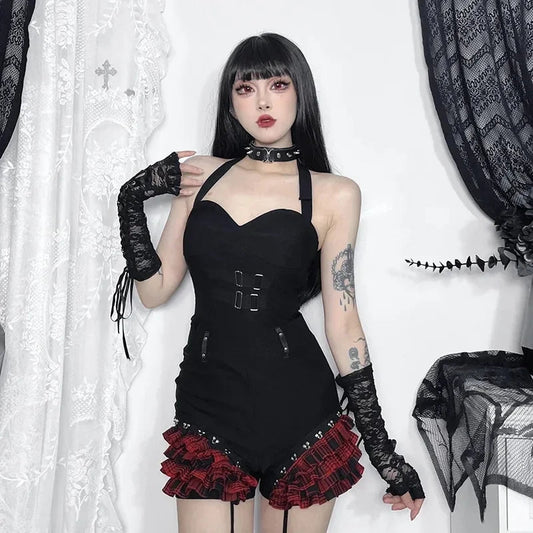 Gothic Summer Landmine Series Plaid Patchwork Shorts Spicy Girl Halter Waist-cinch Y2k Vest Skirt