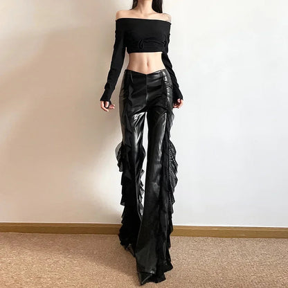 Gothic Zip Flare Pants Faux Pu Mesh Pants