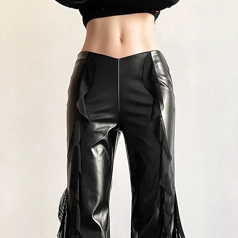 Gothic Zip Flare Pants Faux Pu Mesh Pants