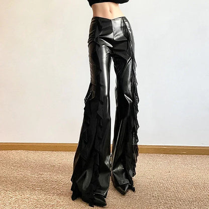 Gothic Zip Flare Pants Faux Pu Mesh Pants