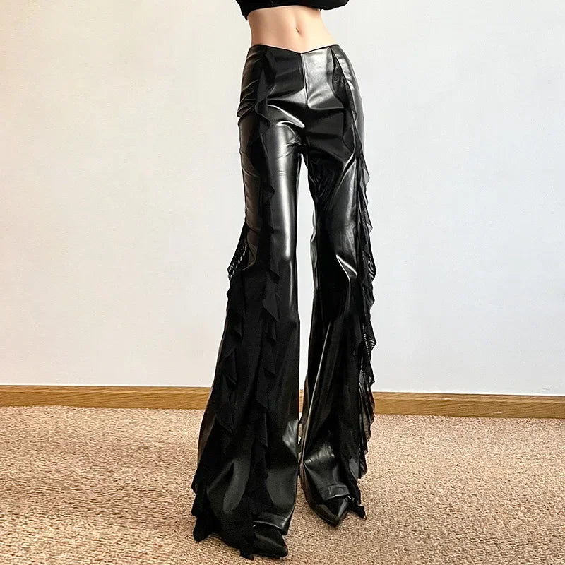 Gothic Zip Flare Pants Faux Pu Mesh Pants