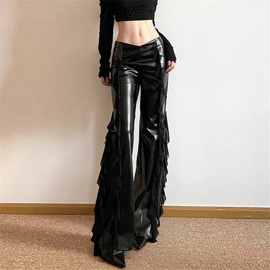 Gothic Zip Flare Pants Faux Pu Mesh Pants