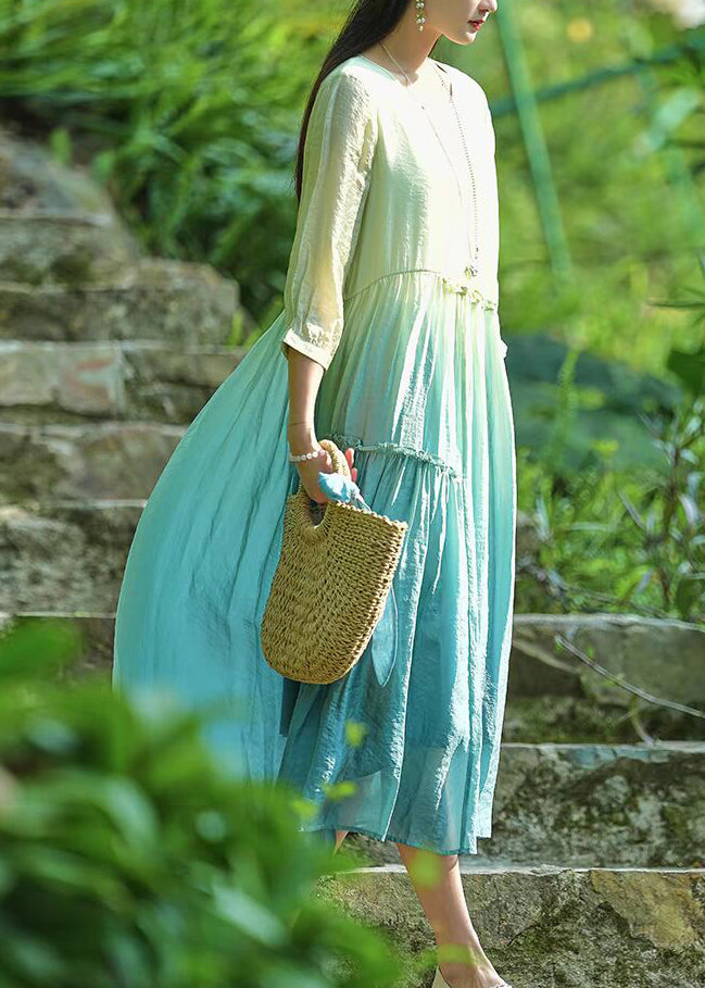 Gradient Color Green Ruffled Patchwork Long Dresses Summer Uu044