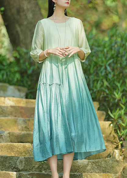 Gradient Color Green Ruffled Patchwork Long Dresses Summer Uu044