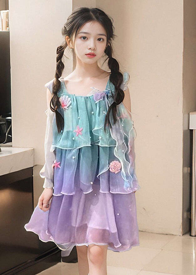 Gradient Color O-neck Kids Chiffon Maxi Dress Summer Ew024