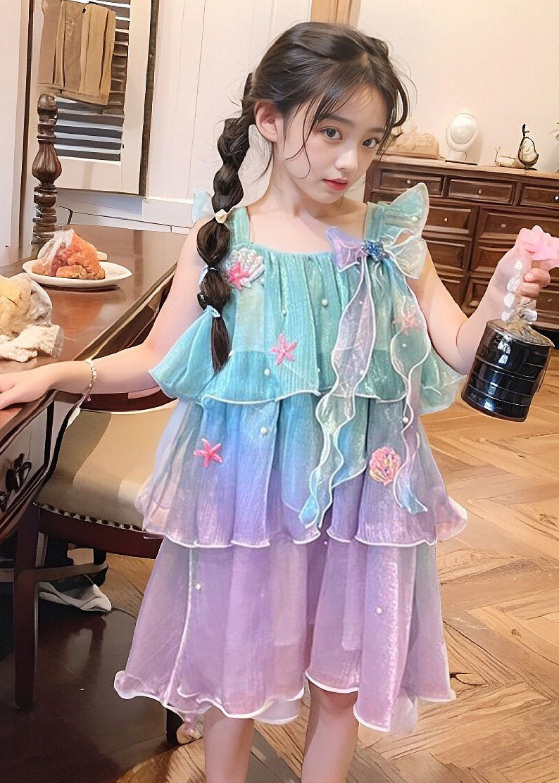 Gradient Color O-neck Kids Chiffon Maxi Dress Summer Ew024