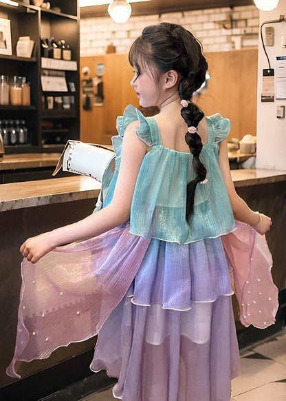 Gradient Color O-neck Kids Chiffon Maxi Dress Summer Ew024