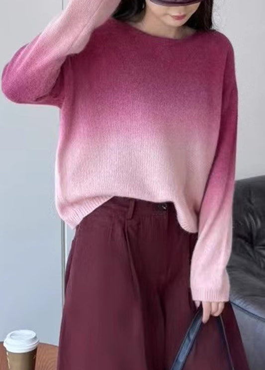 Gradient Color Pink O-neck Cotton Knit Sweaters Winter Wz023