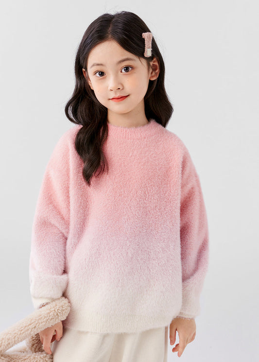 Gradient Color Pink O-neck Mink Velvet Knit Sweater Spring Tp048