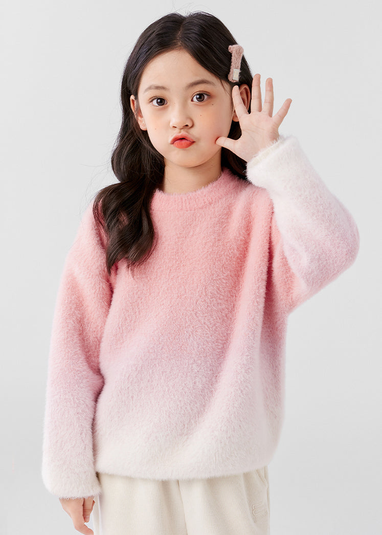 Gradient Color Pink O-neck Mink Velvet Knit Sweater Spring Tp048