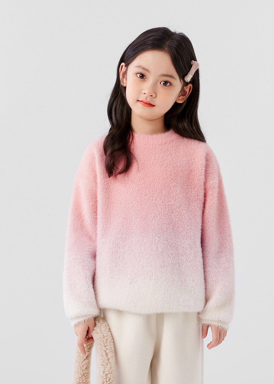 Gradient Color Pink O-neck Mink Velvet Knit Sweater Spring Tp048