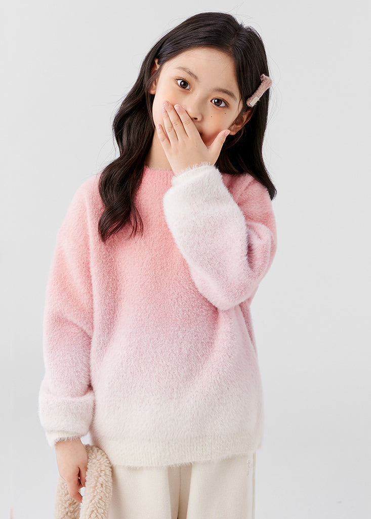 Gradient Color Pink O-neck Mink Velvet Knit Sweater Spring Tp048
