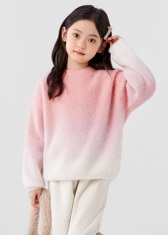Gradient Color Pink O-neck Mink Velvet Knit Sweater Spring Tp048
