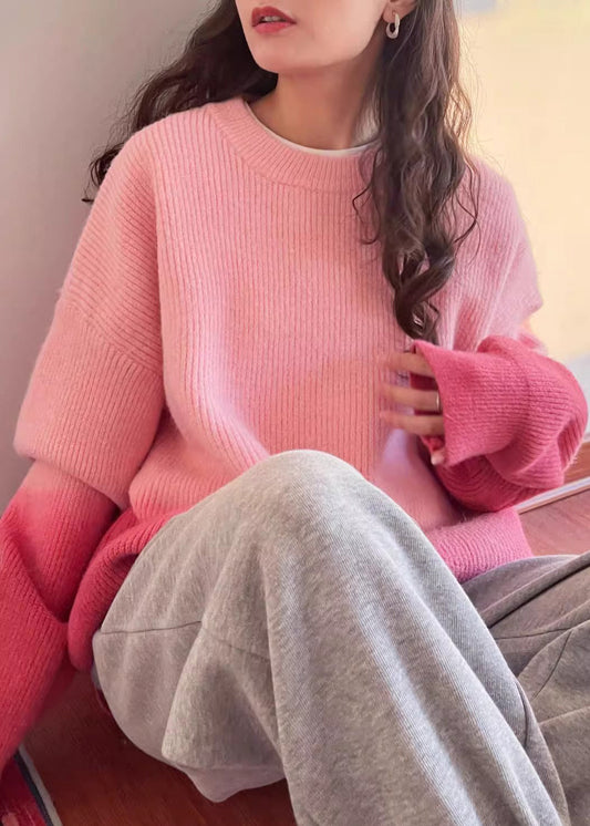 Gradient Color Pink Thick Cotton Knitted Sweater Winter Rk017