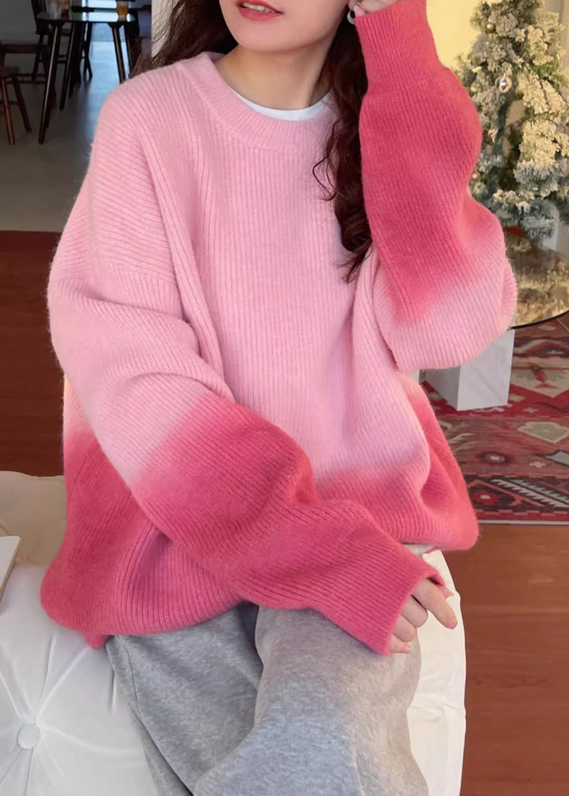 Gradient Color Pink Thick Cotton Knitted Sweater Winter Rk017