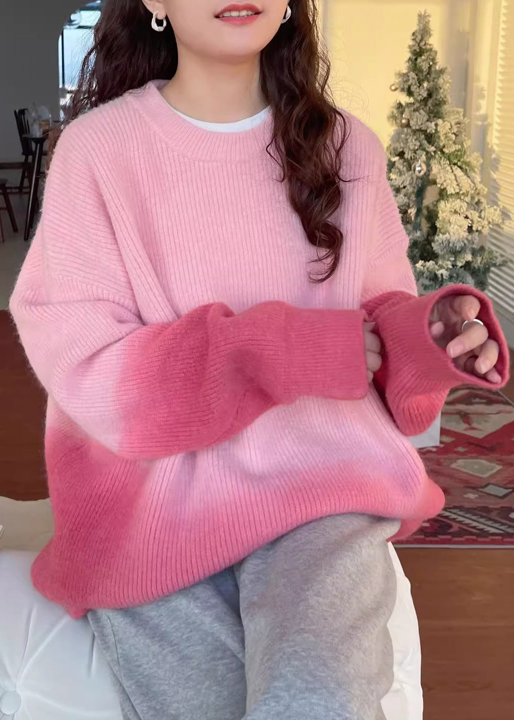 Gradient Color Pink Thick Cotton Knitted Sweater Winter Rk017