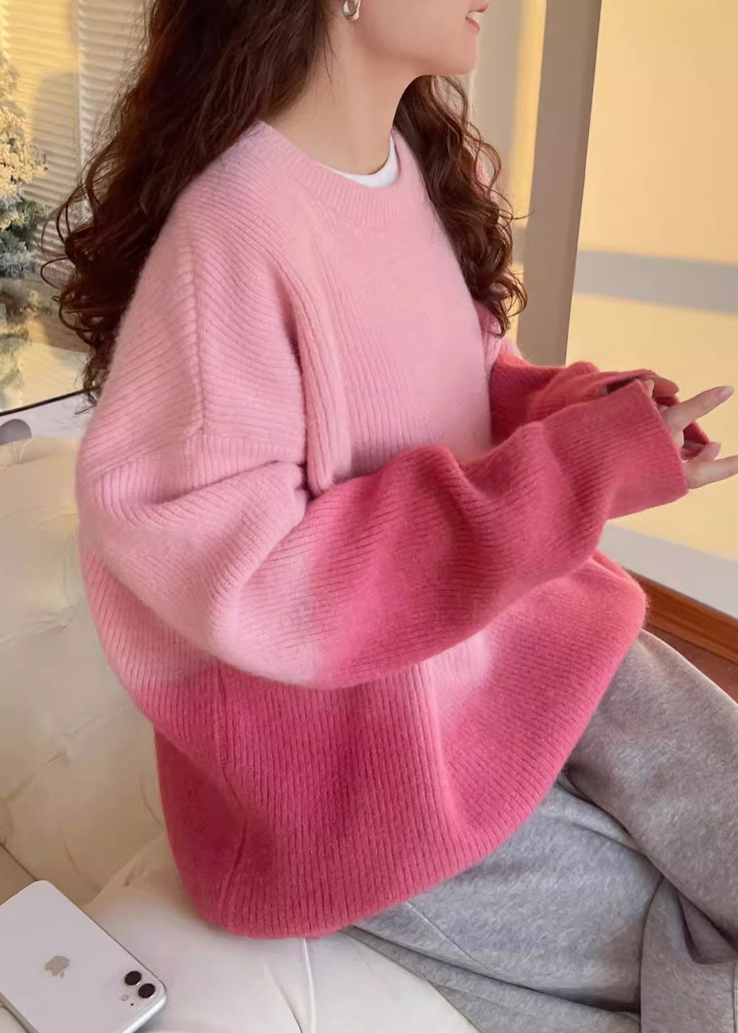 Gradient Color Pink Thick Cotton Knitted Sweater Winter Rk017