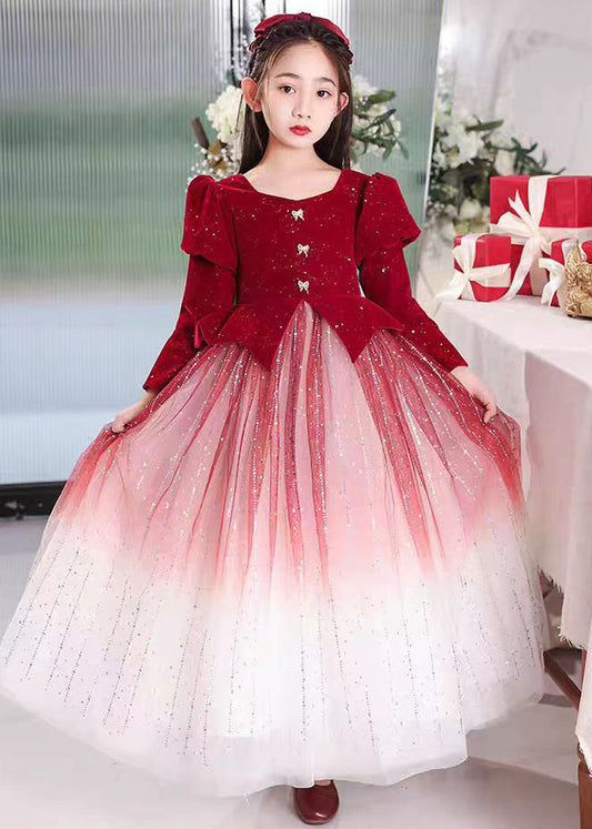 Red Color Patchwork Tulle Long Dress Wrinkled Gradient