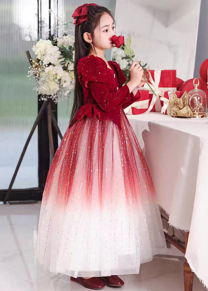 Red Color Patchwork Tulle Long Dress Wrinkled Gradient