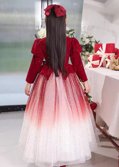 Red Color Patchwork Tulle Long Dress Wrinkled Gradient