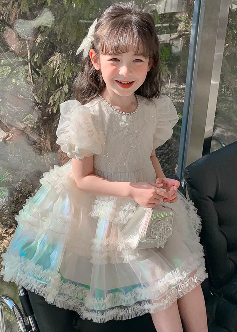Gradient Color White Ruffled Patchwork Nail Bead Tulle Kids Long Dress Short Sleeve Xz044
