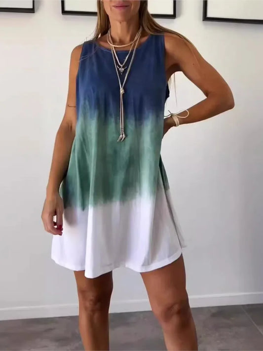 Gradient Tie Dye Print Mini Dresses Summer New Loose O Neck Sleeveless Dress Lady Vestidos