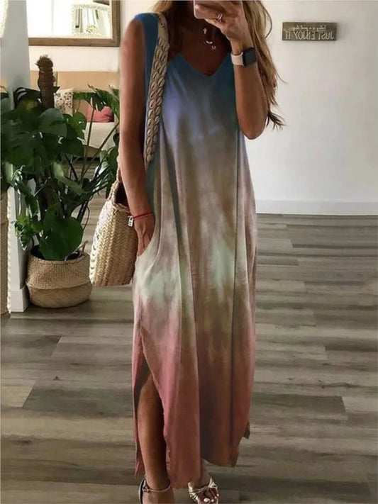 Gradient Tie Dye Print Sleeveless Long Dresses V-neck Loose Slit Vest Dress Female Summer A-line Vestidos