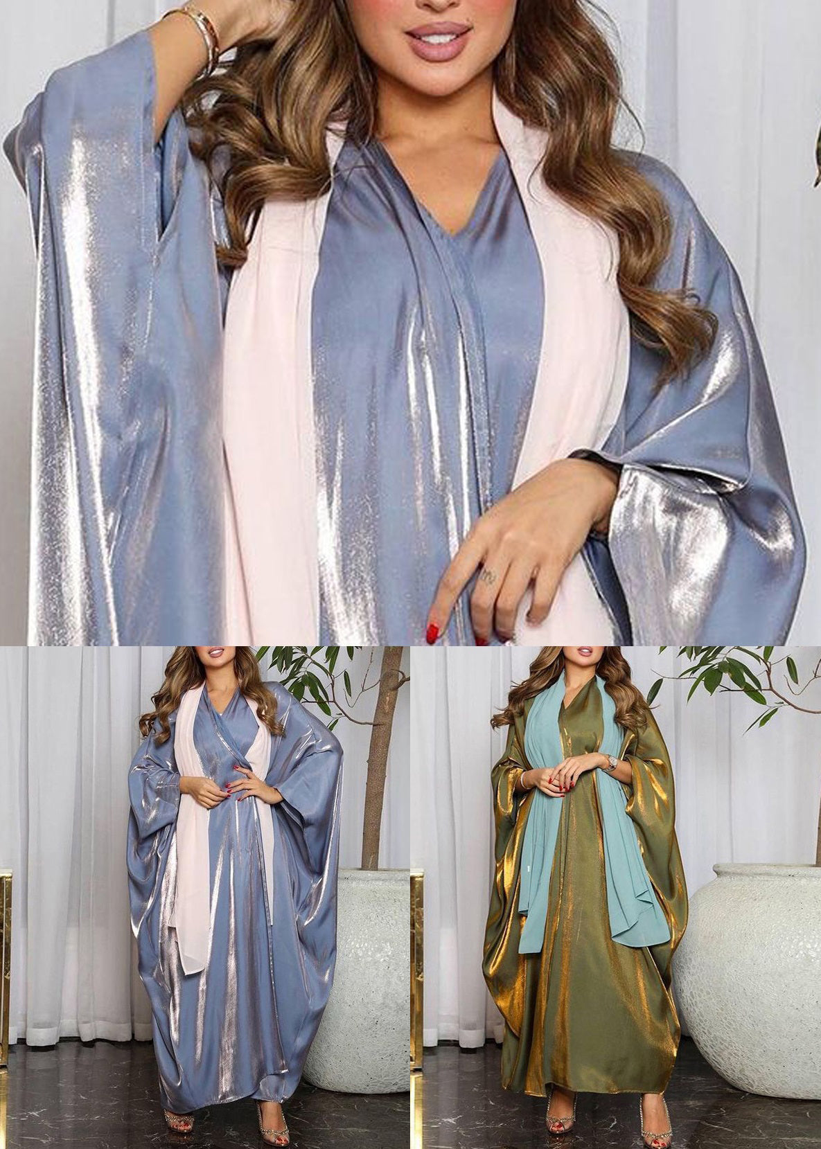 Green Bright Silk Maxi Dresses V Neck Long Sleeve Aa1021