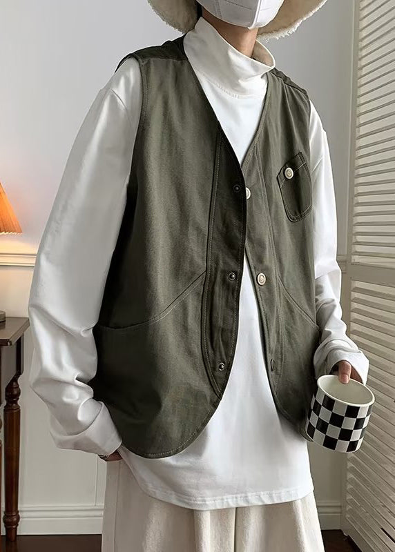 Green Button Patchwork Cotton Waistcoat V Neck Sleeveless Rn006
