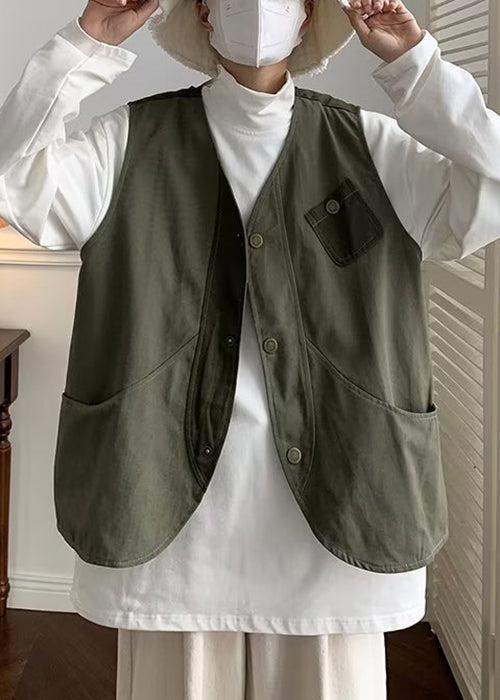 Green Button Patchwork Cotton Waistcoat V Neck Sleeveless Rn006