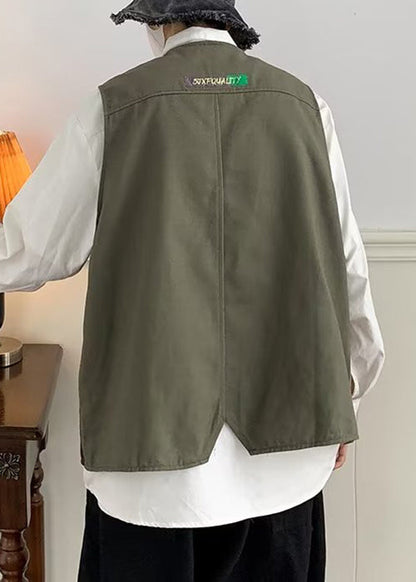 Green Button Patchwork Cotton Waistcoat V Neck Sleeveless Rn006