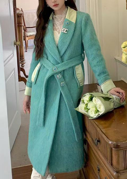 Green Button Pockets Woolen Coat Notched Winter Wm005