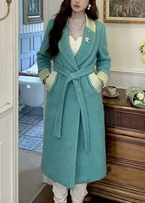 Green Button Pockets Woolen Coat Notched Winter Wm005