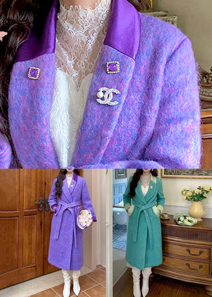 Green Button Pockets Woolen Coat Notched Winter Wm005