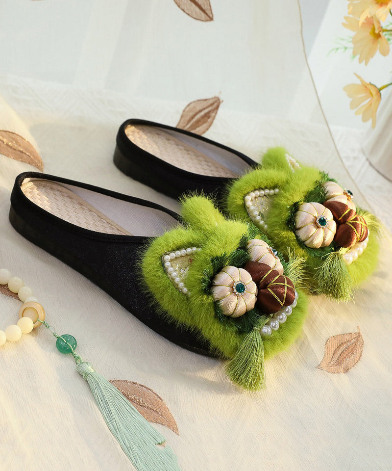 Green Chinese Style Cotton Fabric Slippers Shoes Nail Bead Tq047