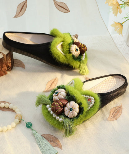 Green Chinese Style Cotton Fabric Slippers Shoes Nail Bead Tq047