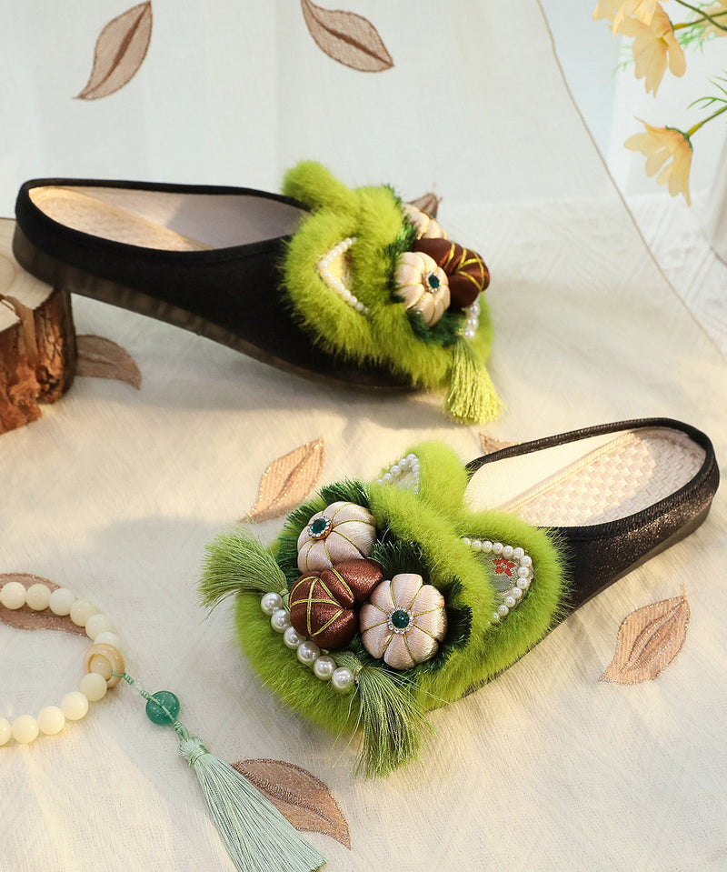 Green Chinese Style Cotton Fabric Slippers Shoes Nail Bead Tq047