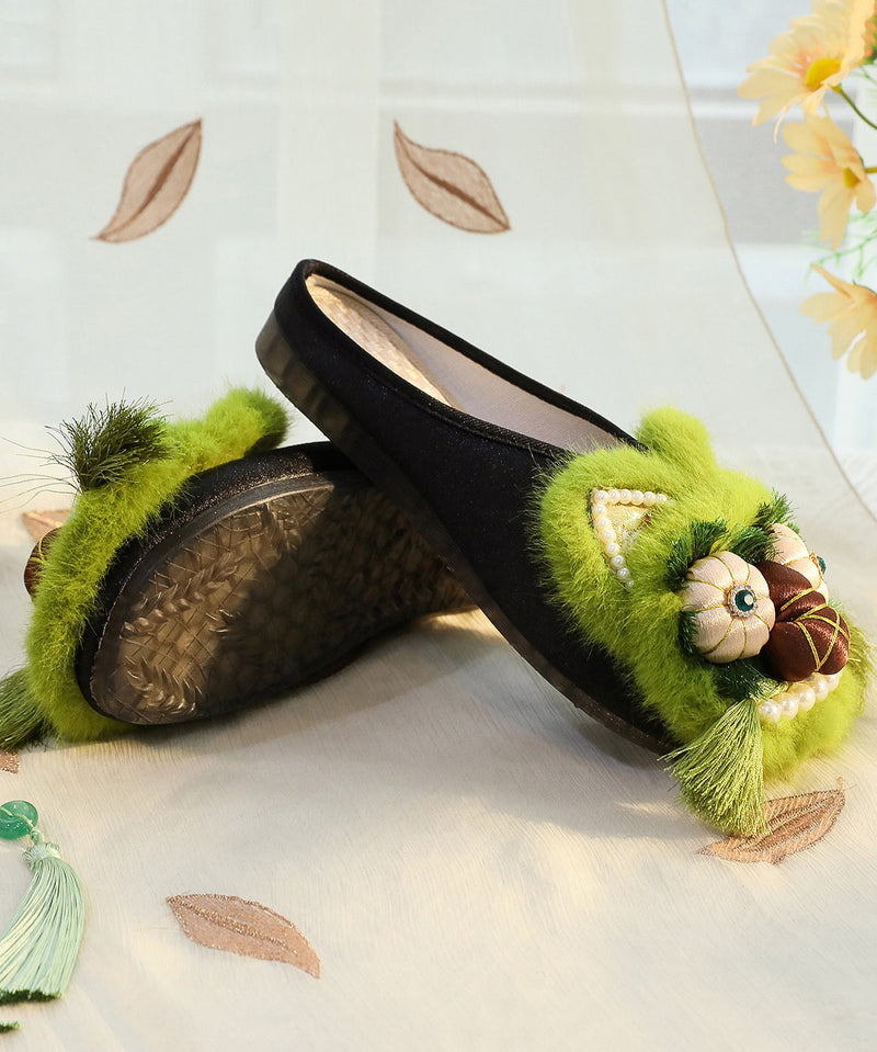 Green Chinese Style Cotton Fabric Slippers Shoes Nail Bead Tq047