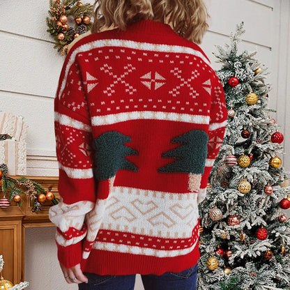 Green Christmas Sweater With Tree Embroidery - Loose Retro Style