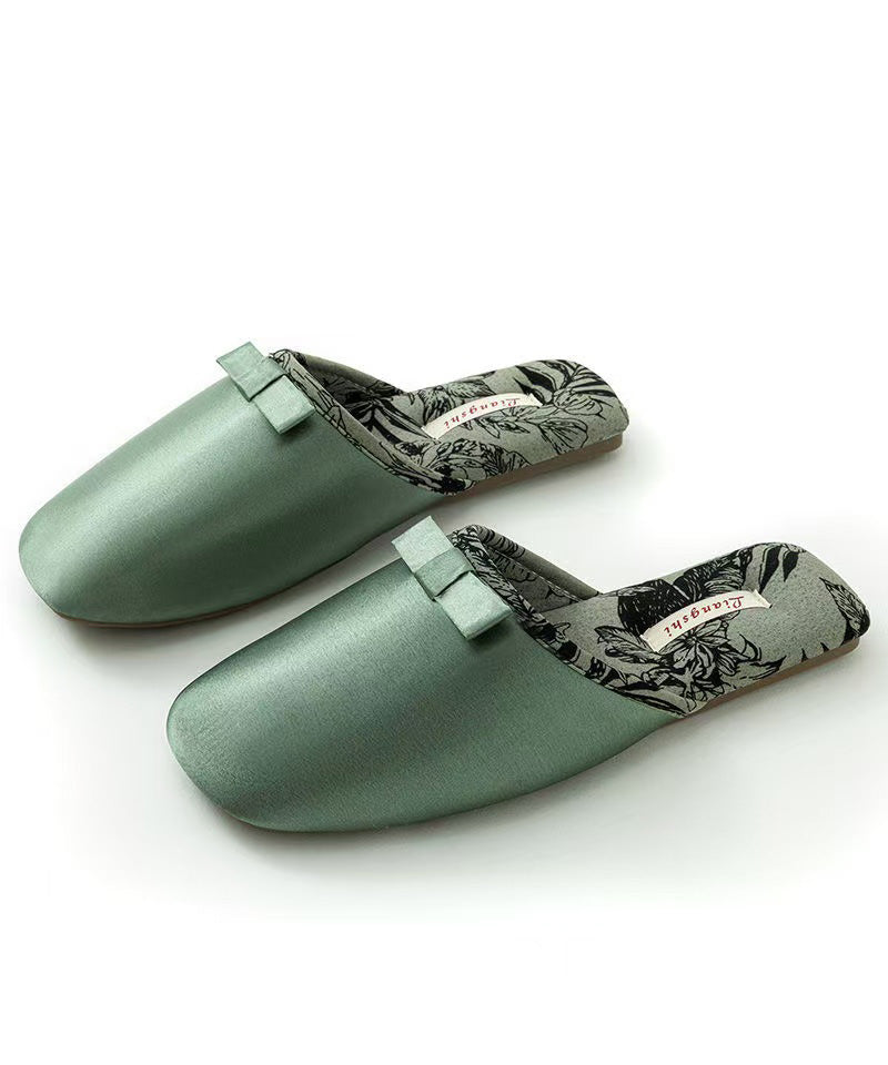 Green Comfortable Satin Slippers Shoes Splicing Bow Te013