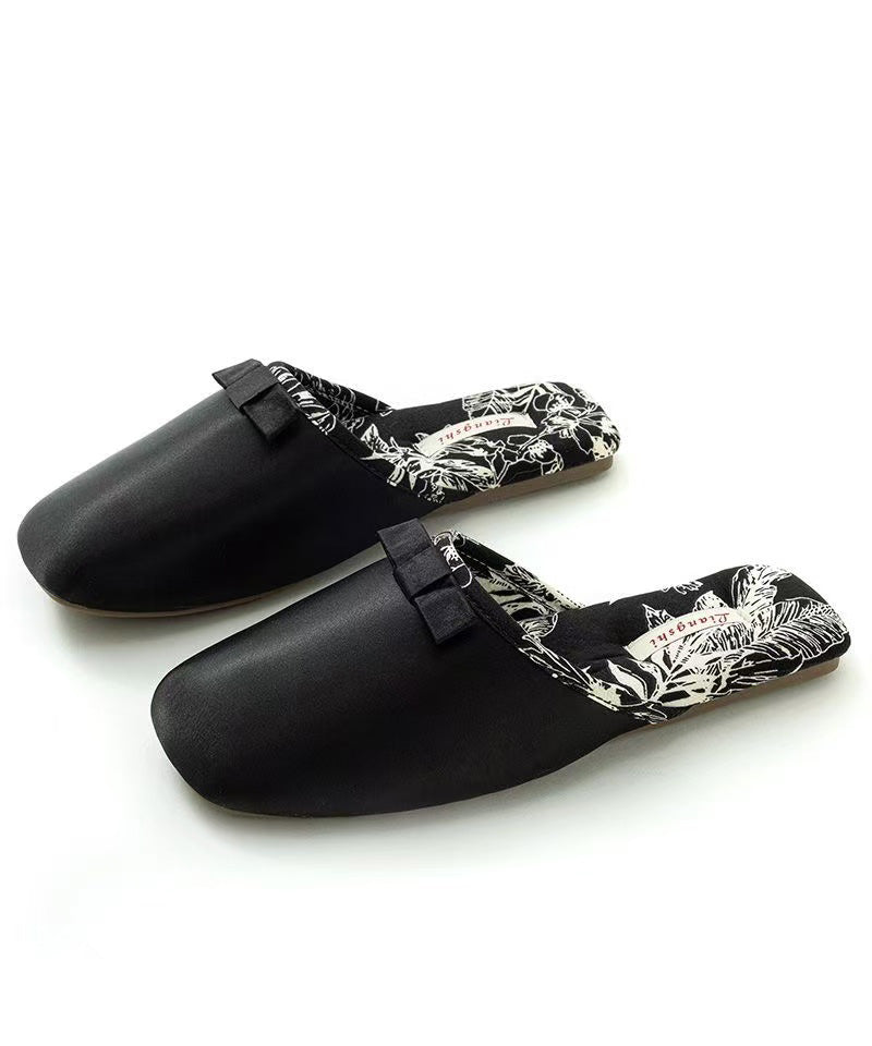 Green Comfortable Satin Slippers Shoes Splicing Bow Te013