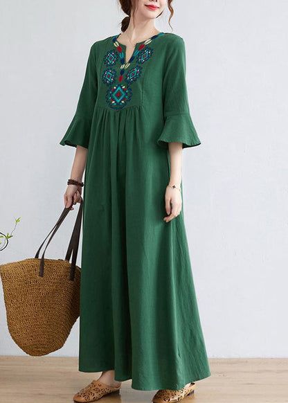 Green Cotton Long Dress Embroideried Exra Large Hem Flare Sleeve Ly0900