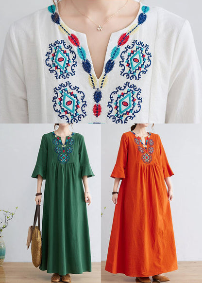 Orange Embroideried Wrinkled Cotton Maxi Dress Bracelet Sleeve Ly0913