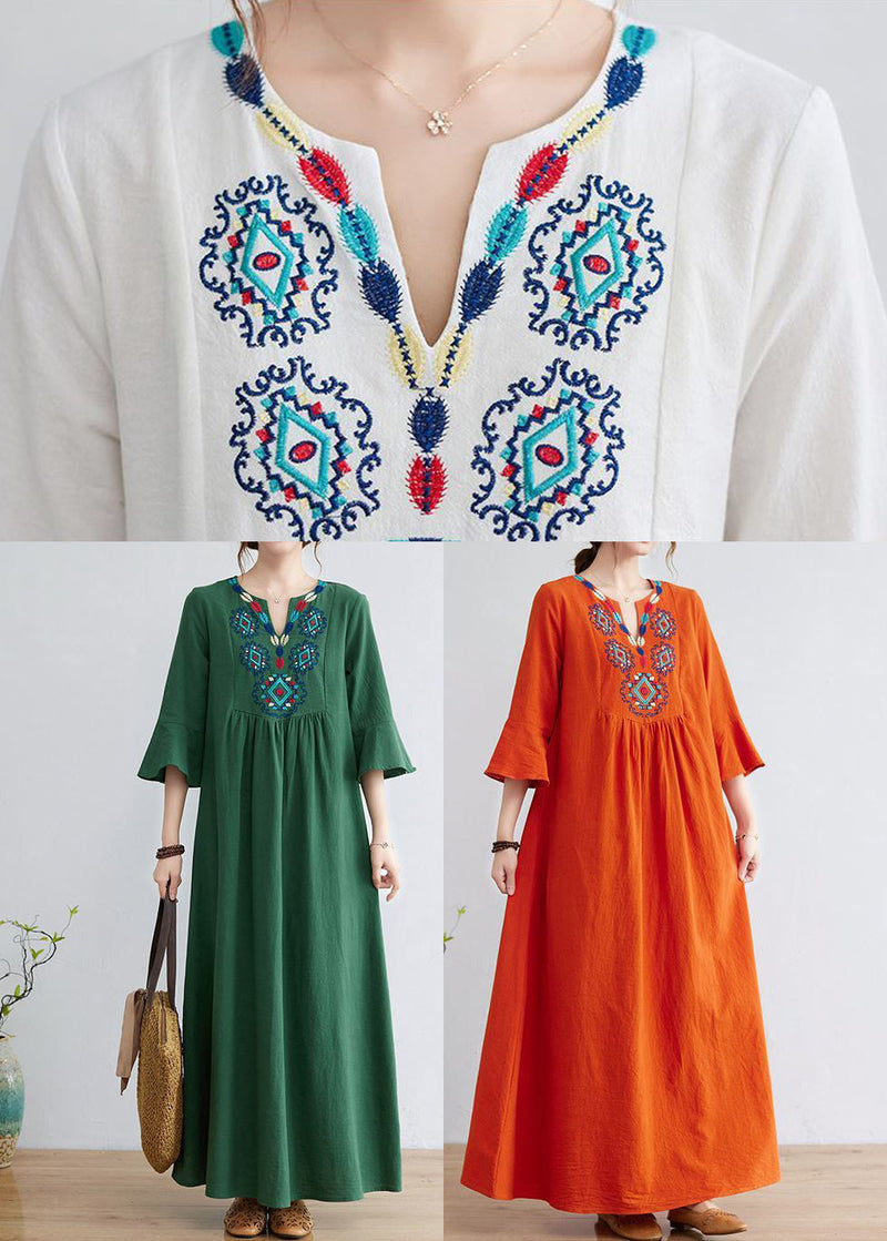 Green Cotton Long Dress Embroideried Exra Large Hem Flare Sleeve Ly0900