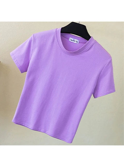 Green Crop Top T-shirt Female Cotton O-neck Short Sleeve T-shirts for High Waist Slim Short Sport Femme T-shirt