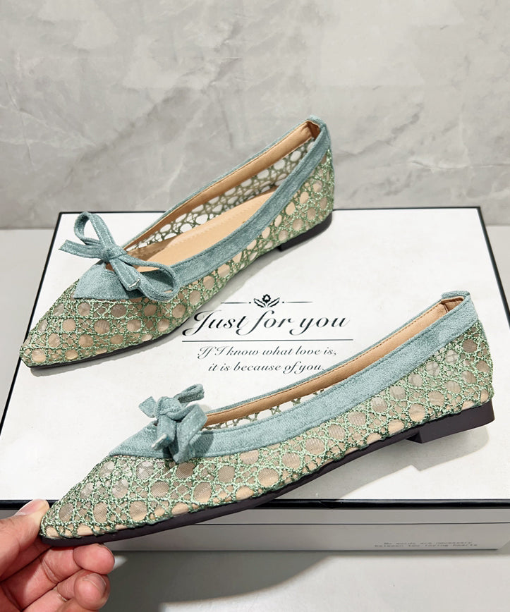 Green Flat Feet Shoes Breathable Mesh Comfy Splicing Bow Tp020