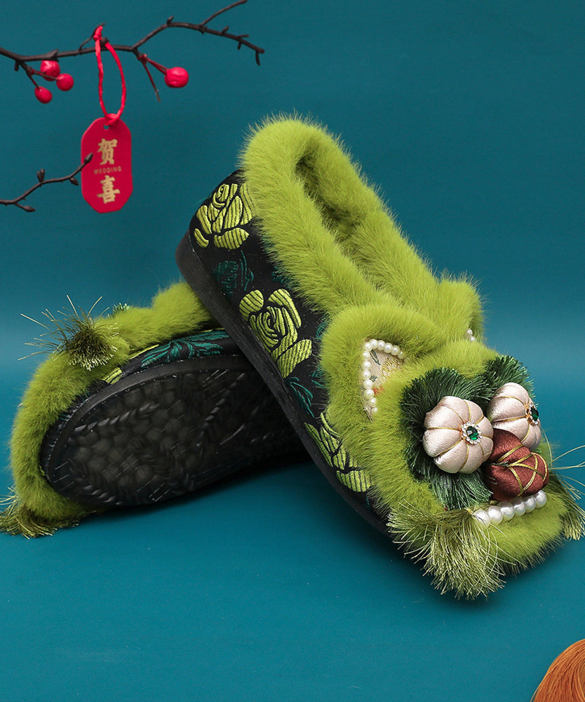 Green Fuzzy Wool Lined Retro Splicing Flat Shoes Embroidery Tq042