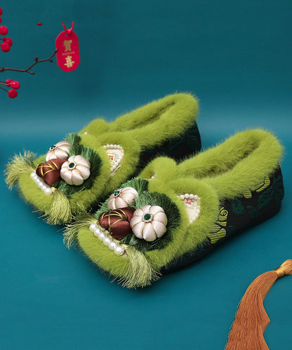 Green Fuzzy Wool Lined Retro Splicing Flat Shoes Embroidery Tq042